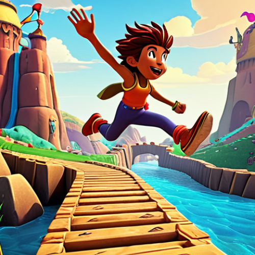 ** A vibrant, cartoon-style race scene in Tales Runner. Feature colorful characters leaping over obstacles in a fantastical landscape. Emphasize the updated graphics with detailed character designs and rich background environments. Show a sense of speed and fun.

**