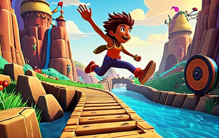 ** A vibrant, cartoon-style race scene in Tales Runner. Feature colorful characters leaping over obstacles in a fantastical landscape. Emphasize the updated graphics with detailed character designs and rich background environments. Show a sense of speed and fun.

**