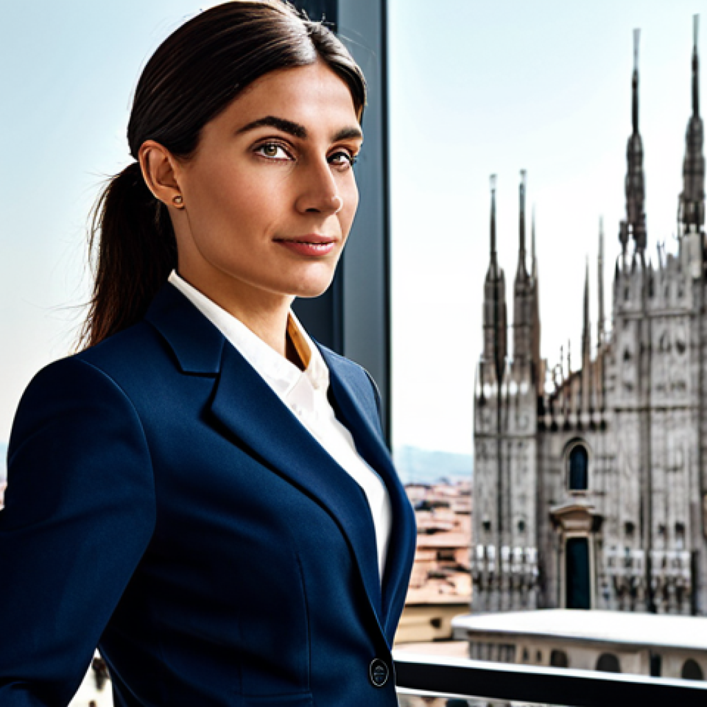 Professional Setting** "A confident Italian businesswoman in a stylish, fully clothed business suit, standing in a modern office overlooking the Duomo di Milano, appropriate attire, safe for work, perfect anatomy, natural proportions, professional photography, high quality, family-friendly." **