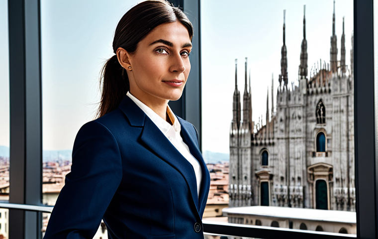 Professional Setting** "A confident Italian businesswoman in a stylish, fully clothed business suit, standing in a modern office overlooking the Duomo di Milano, appropriate attire, safe for work, perfect anatomy, natural proportions, professional photography, high quality, family-friendly." **