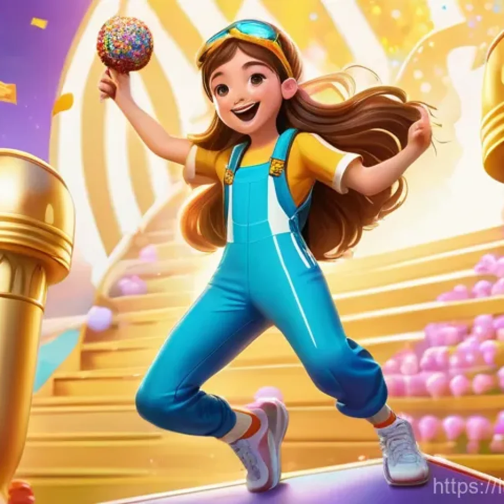 테일즈런너 계급별 보상 아이템 - **Prompt:** A young, energetic female character, around 16 years old, triumphantly stands on a golde...