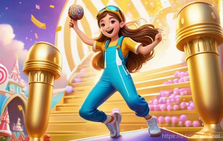 테일즈런너 계급별 보상 아이템 - **Prompt:** A young, energetic female character, around 16 years old, triumphantly stands on a golde...