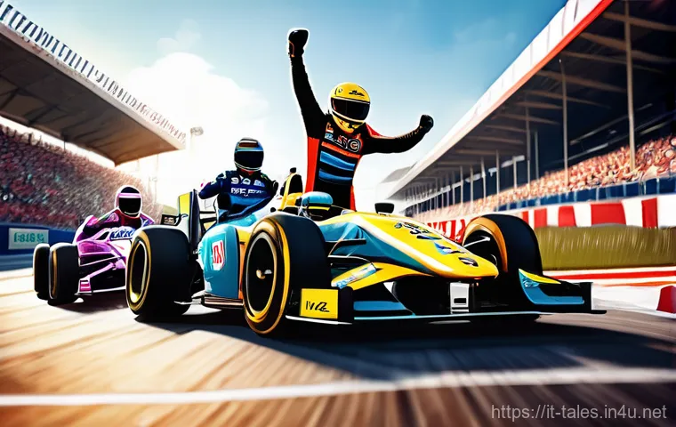 테일즈런너 상위 등급 도달법 - **"Champion's Focus on a Dynamic Race Track"** A highly detailed, vibrant, full-body illustratio...