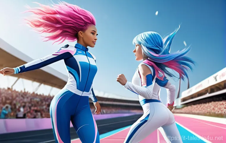테일즈런너 계급 시스템 공략 - **Prompt 1: Dynamic Race Finish** "A male character and a female character, both appearing to be...