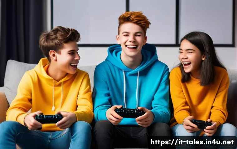 테일즈런너 커뮤니티 이벤트 참여 - **Prompt 1: Diverse Group of Teenagers Gaming Together** "A vibrant, dynamic illustration of a d...
