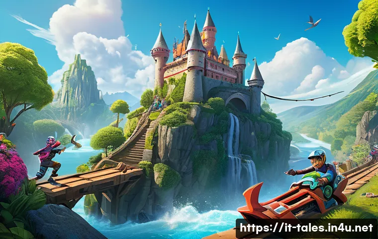 테일즈런너 글로벌 커뮤니티 - A vibrant, dynamic scene of a team-based racing challenge in a colorful fantasy landscape inspired b...