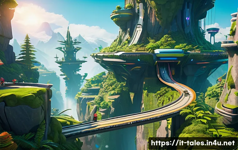 테일즈런너 퀘스트 완료 팁 - A dynamic and vibrant scene from the game Tales Runner, showcasing a detailed fantasy racing map fil...