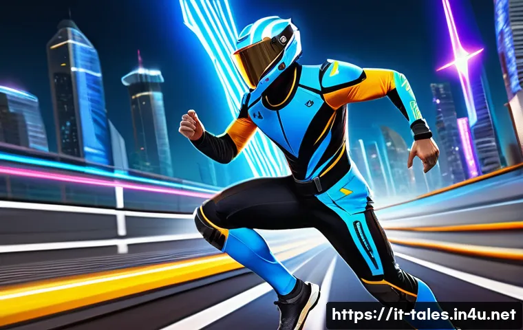테일즈런너 신규 클래스 출시일 - A dynamic futuristic racing character from TalesRunner's new class, wearing sleek, high-tech athleti...
