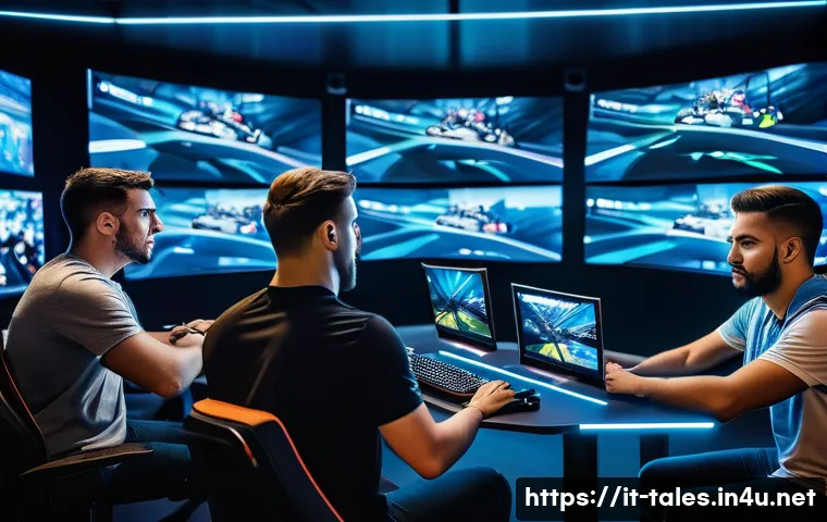 테일즈런너 베테랑 코칭 방법 - A dynamic scene showing a diverse group of esports coaches and players analyzing gameplay footage in...