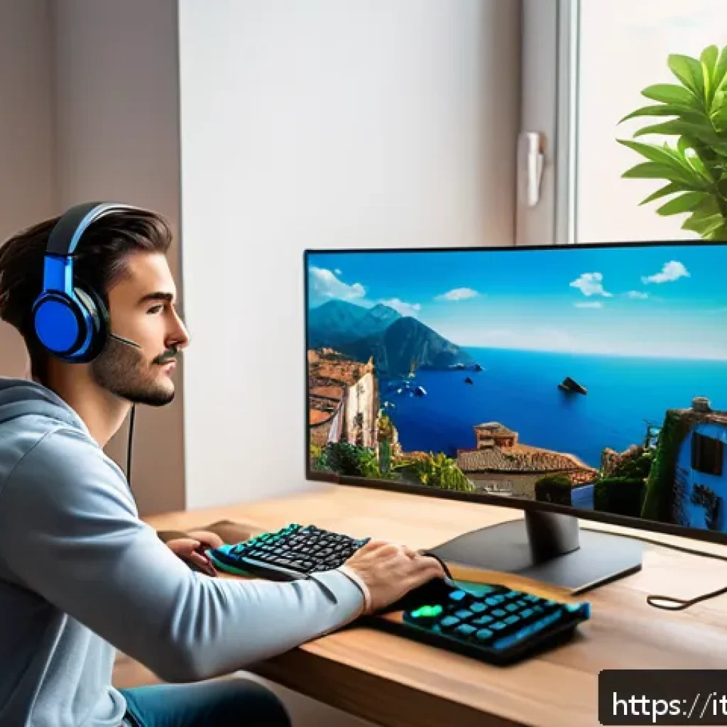 테일즈런너 접속 오류 해결 - A young adult gamer sitting at a modern desk in a cozy Italian apartment, focused on playing Tales R...
