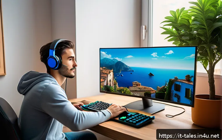 테일즈런너 접속 오류 해결 - A young adult gamer sitting at a modern desk in a cozy Italian apartment, focused on playing Tales R...
