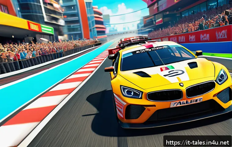 테일즈런너 랭킹전 패턴 분석 - A dynamic and colorful scene of a competitive online racing game inspired by TalesRunner, featuring ...