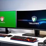 테일즈런너 다운로드 및 설치 - A sleek gaming setup featuring a modern desktop PC and laptop side by side, both displaying the Tale...