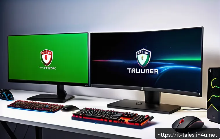 테일즈런너 다운로드 및 설치 - A sleek gaming setup featuring a modern desktop PC and laptop side by side, both displaying the Tale...