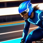 테일즈런너 클래스 전용 아이템 - A dynamic scene of a futuristic race featuring a sprinter character wearing sleek lightning-themed s...