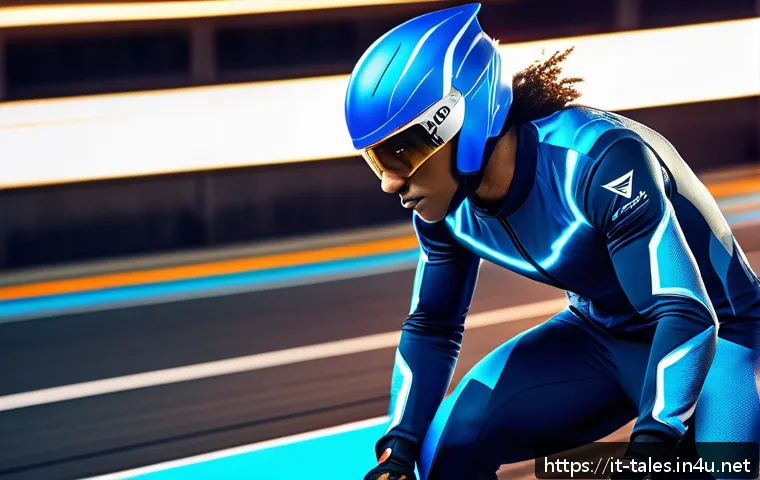 테일즈런너 클래스 전용 아이템 - A dynamic scene of a futuristic race featuring a sprinter character wearing sleek lightning-themed s...