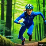 테일즈런너 신규 아이템 리뷰 - A dynamic race scene in a futuristic forest track featuring a young runner wearing a sleek, colorful...