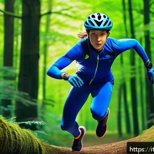 테일즈런너 신규 아이템 리뷰 - A dynamic race scene in a futuristic forest track featuring a young runner wearing a sleek, colorful...