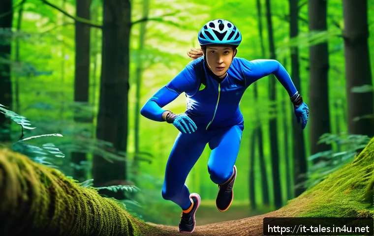 테일즈런너 신규 아이템 리뷰 - A dynamic race scene in a futuristic forest track featuring a young runner wearing a sleek, colorful...